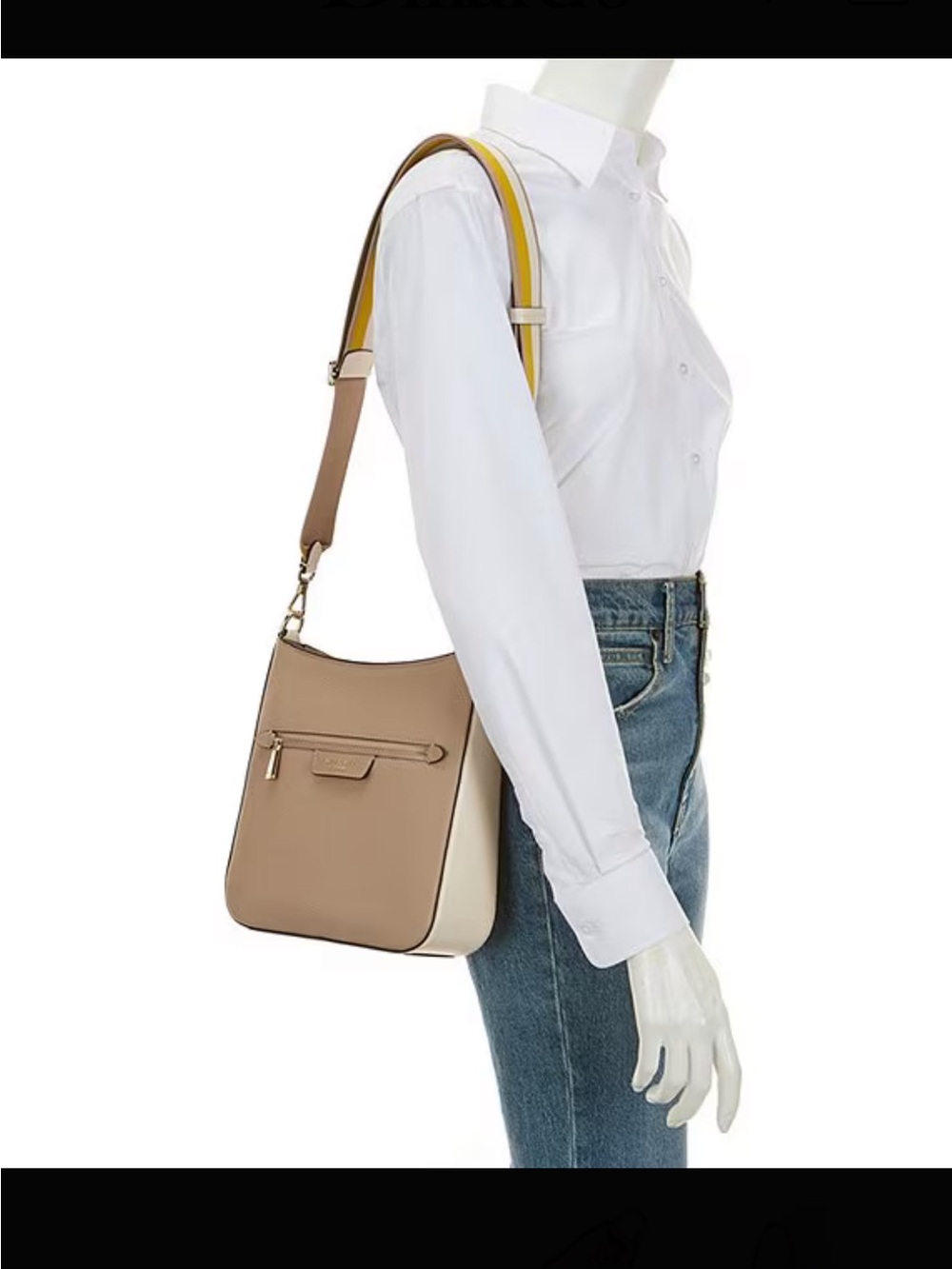 kate spade Cream Leather Crossbody with Yellow-Striped Strap.
